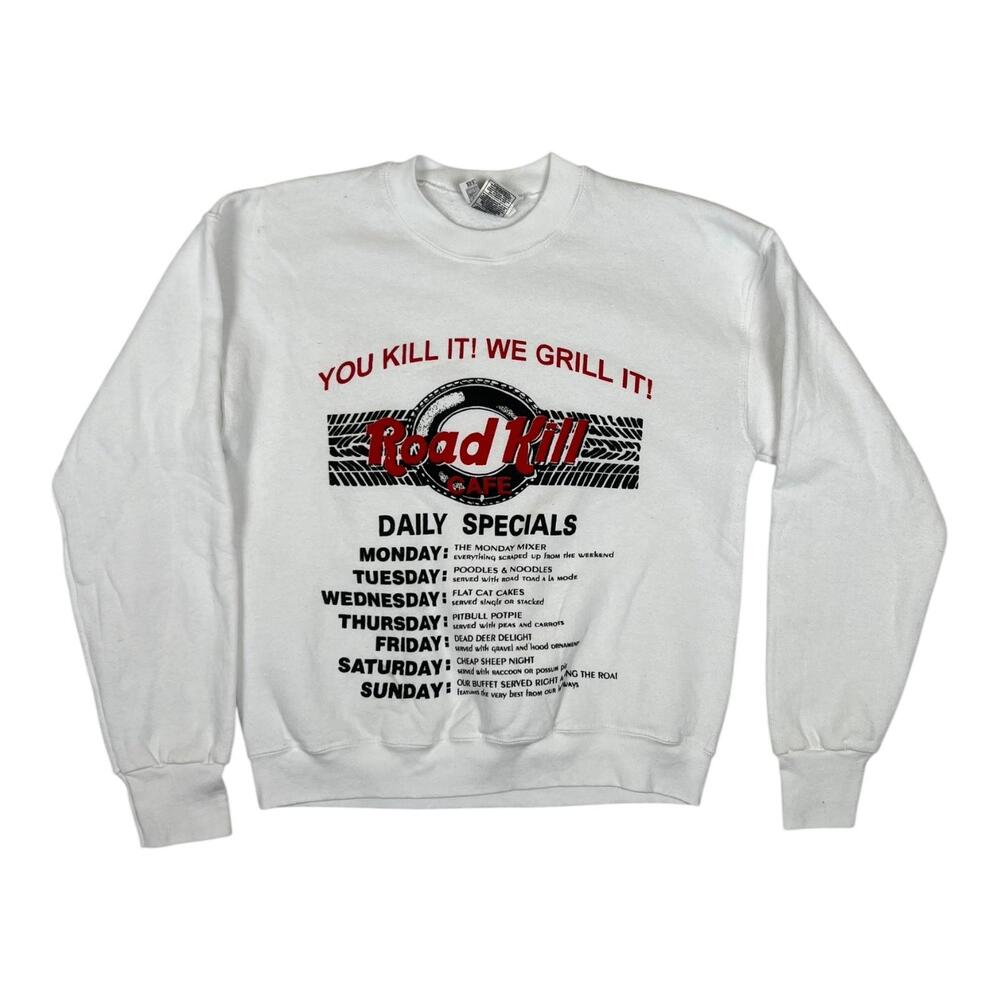 Vintage Road Kill Cafe Sweatshirt Mens Medium White Graphic 90s Made in USA